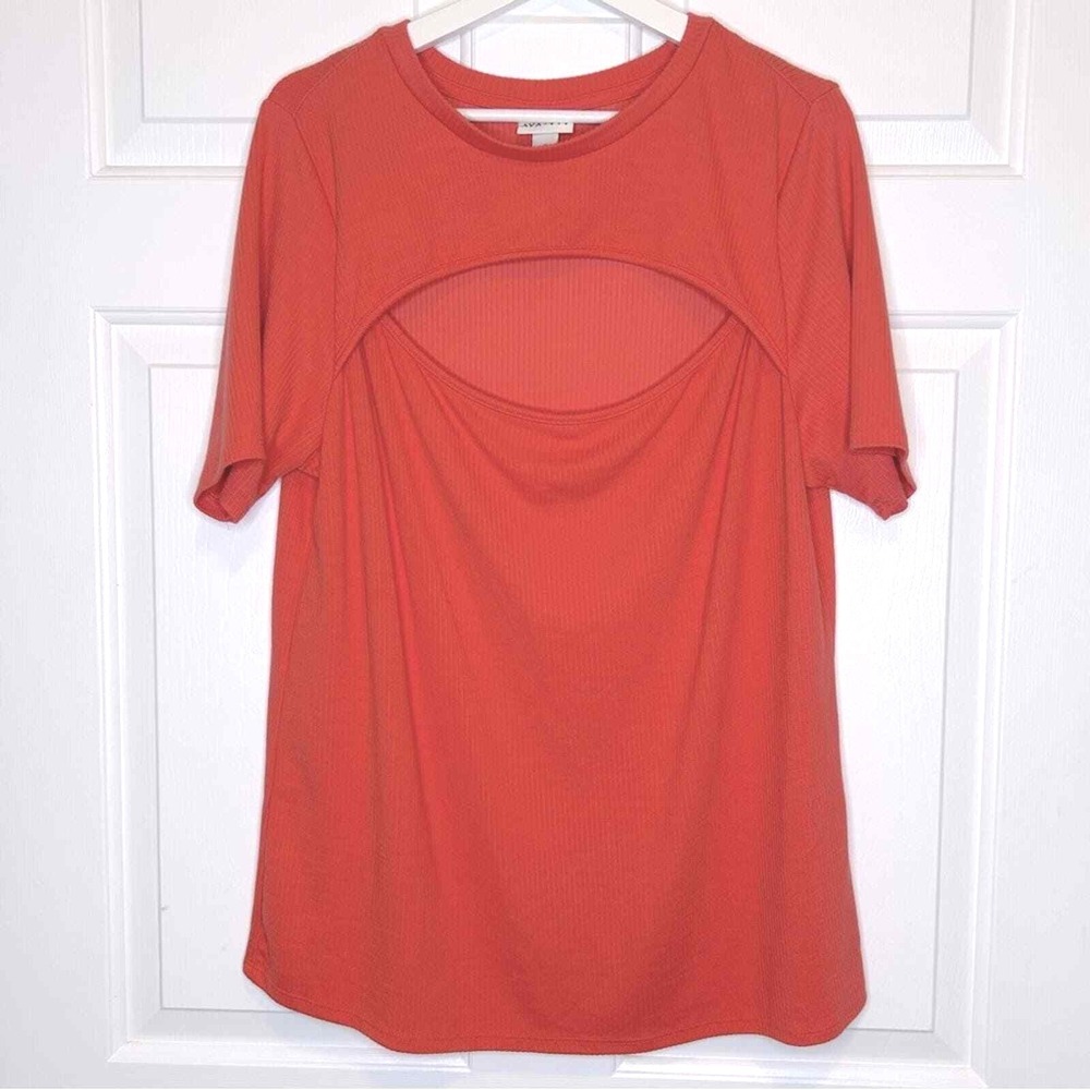 Ava + Viv Womens Top Orange Ribbed Knit Cut Out Short Sleeve Casual Tee